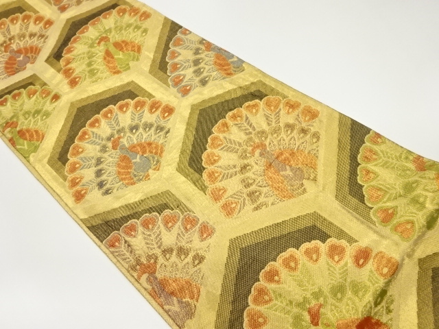 亀甲に孔雀模様織り出し袋帯